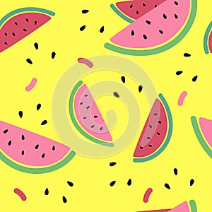 Seamless watermelon pattern on yellow background. Slices of fruit with seeds. Design for textile, fabric, wrapper, print